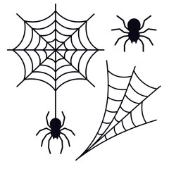 Black spiders and cobwebs illustration isolated on white background. For Halloween decorations, spooky themes, card, poster, printable and creepy seasonal design. Flat vector. Hand drawn.
