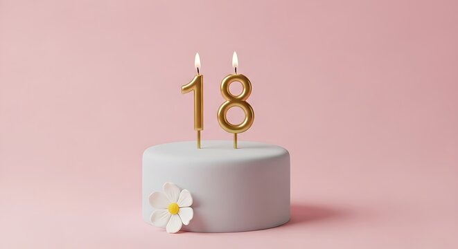 Eighteen Candles: A celebratory confection on a pastel pink backdrop, two lit candles represent the significant milestone. A single blossom adds a touch of elegance, symbolizing this special occasion.