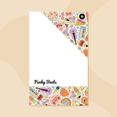 Groovy retro music banner design in a funky and colorful style. This party poster template with cassette, guitar, and microphone brings a vibrant festival background y2k vibes for creative events.