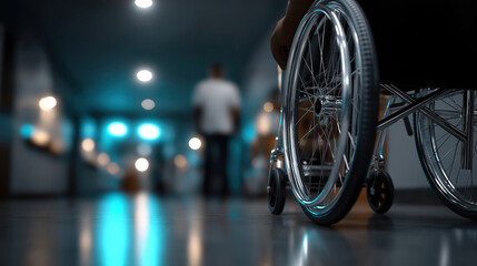 Wheelchair navigating a modern healthcare facility corridor