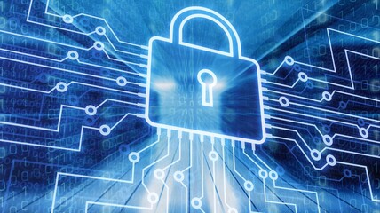 A glowing abstract digital lock and binary code