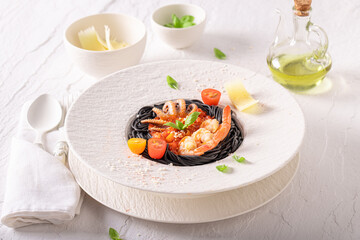 Elegant spaghetti bolognese with high-end presentation on plate.
