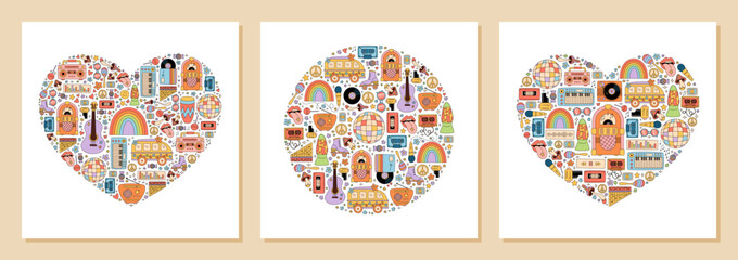 Groovy retro heart and circle shapes in orange and blue, doodle style set. Music party graphic set with rainbow, cassette, guitar, boombox, camera for festival background or creative use.