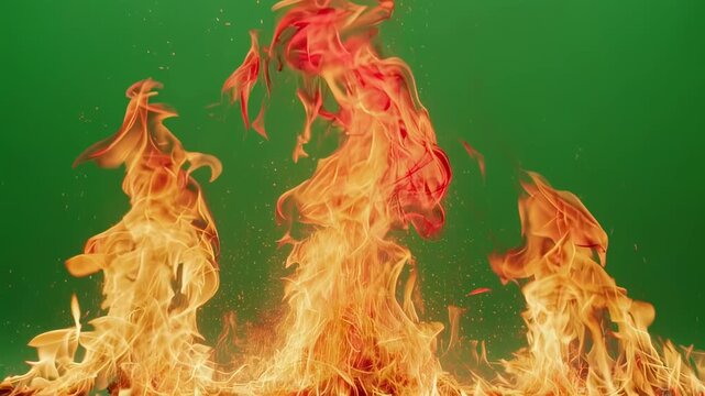 Fiery flames burning in vibrant orange and yellow hues against a vivid green background