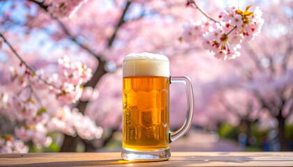 春の桜が舞うお花見の午後に輝く泡立つビールジョッキが映す心地よい季節の風景