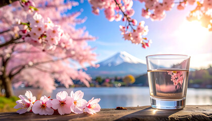 満開の桜を背に静かにたたずむ春のお花見日本酒グラスが映す穏やかな時間