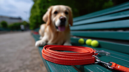 Dog enjoys time in the park with bright orange leash nearby