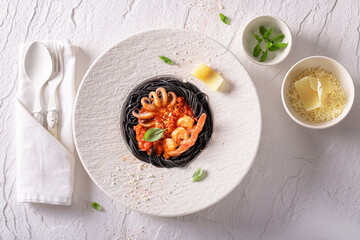 Elegant spaghetti bolognese as a fine dish in a restaurant.
