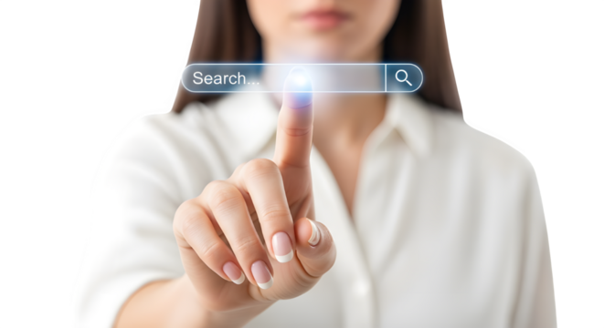 A womans finger pressing a glowing search bar on a virtual interface, isolated on transparent background