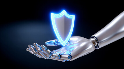 Futuristic robotic hand holding a glowing blue shield icon, symbolizing security and protection in a digital world, showcasing advanced technology and innovation