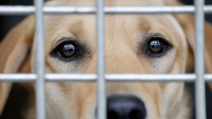 Golden retriever puppy gazes through metal bars of a cage, showcasing its expressive eyes and longing demeanor, highlighting the need for adoption and compassion towards animals
