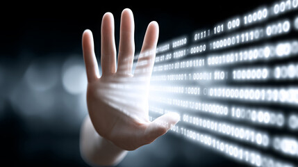 Hand reaching out with light beams and binary code projection, symbolizing digital interaction, technology, and the future of communication in a modern context
