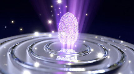 Abstract digital fingerprint illuminated by radiant beams, surrounded by concentric ripples, symbolizing security, identity, and technology in a futuristic setting