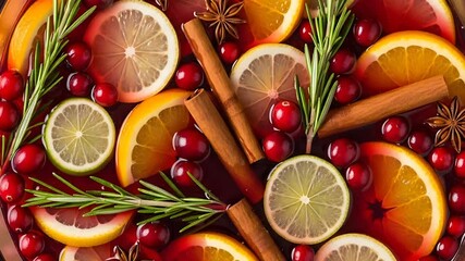 Festive holiday punch bowl filled with fruit cranberries and spices A refreshing and decorative drink for celebrations Cheers ! - Powered by Adobe