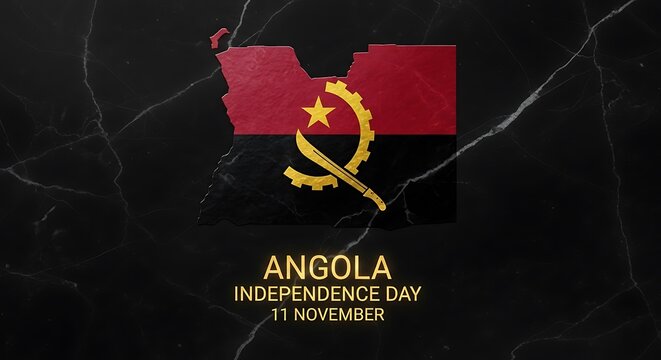 Angola Independence Day: Flag Map on Black Marble Texture Background - Powered by Adobe