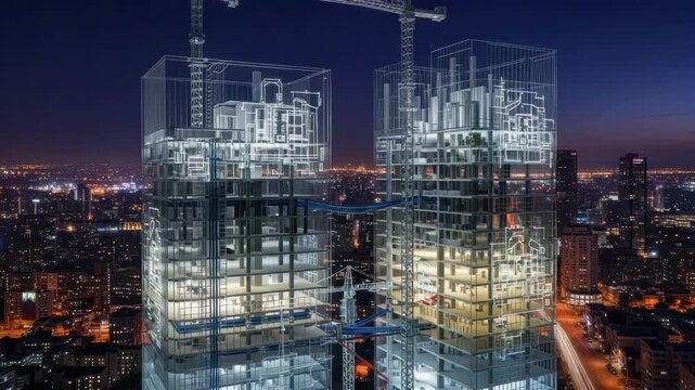 Two translucent skyscrapers reveal glowing internal architectural plans structural frameworks and utility conduits Cranes are atop against vibrant city skyline at dusk with car light trails