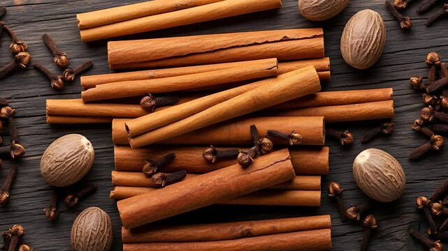 Aromatic spices on a wooden board : cinnamon sticks nutmegs and cloves are beautifully arranged for a warm and inviting composition