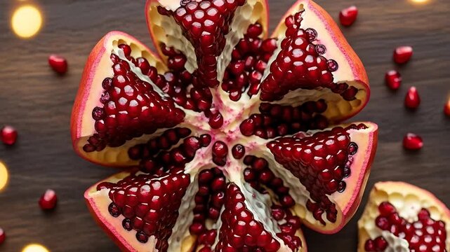A vibrant pomegranate cut open to reveal juicy red arils rests against a dark wood surface with soft warm lighting