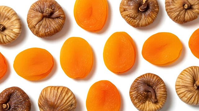An overhead shot displays an arrangement of dried apricots and figs arranged in a row set against a white backdrop with their shadows