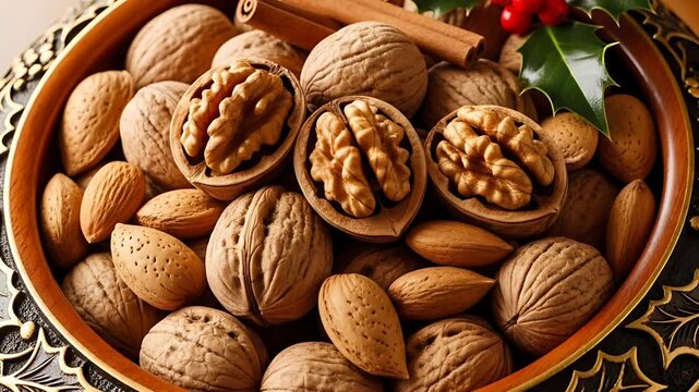 Festive nut bowl with walnuts almonds cinnamon and holly A perfect holiday treat !