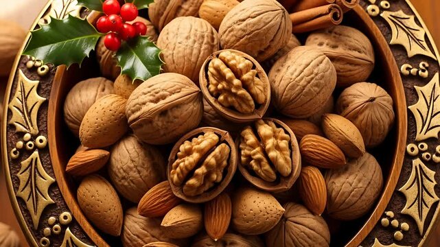 Holiday nut bowl filled with walnuts almonds and cinnamon sticks Festive holly sprig adds a seasonal touch Rich warm and inviting