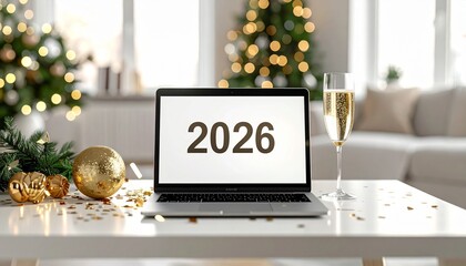 Open laptop showing 2026 on the screen, in a new year party setting with glasses on champagne and confetti