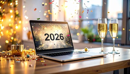 Open laptop showing 2026 on the screen, in a new year party setting with glasses on champagne and confetti