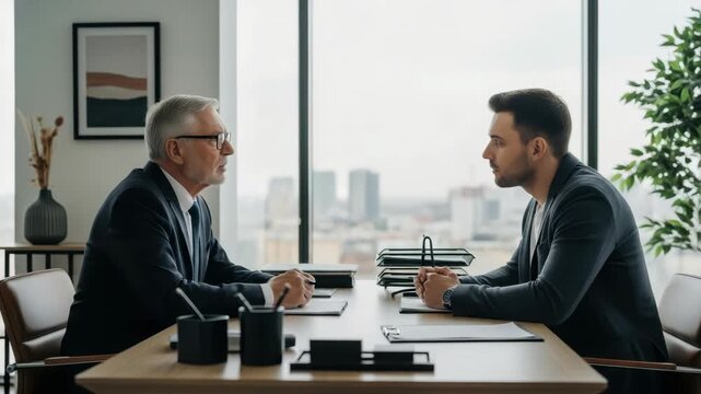 Two men one older with glasses and one younger sit opposite each other at wooden office desk Both are in business attire engaged in discussion The modern office features city views through large windo