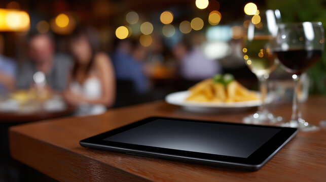 Evening dining at a restaurant with a tablet on the table