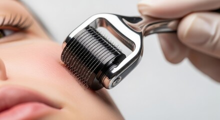 Professional Microneedling Procedure Close-up: Dermaroller with Short Needles on Facial Skin at Optimal Angle