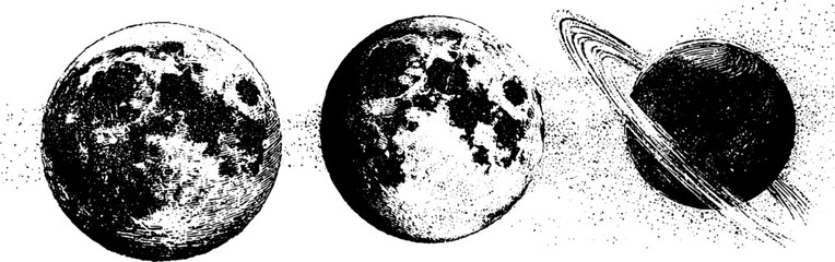 Naklejka premium Cosmic geometry and anatomy: three detailed celestial objects in vintage dotwork style