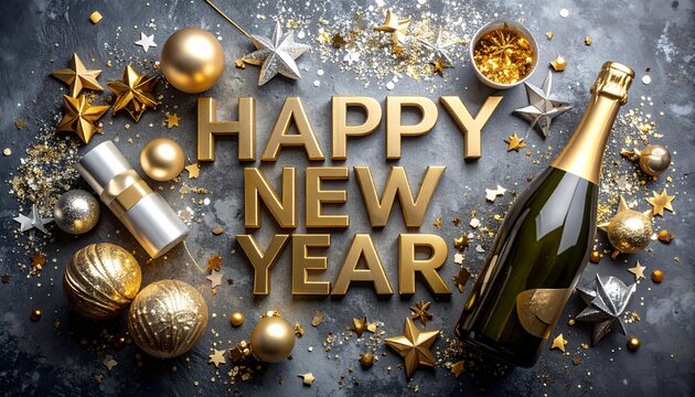 Happy new year gold and silver background, champagne bottle, baubles, holiday decorations, confetti and glitter celebration wallpaper - Powered by Adobe