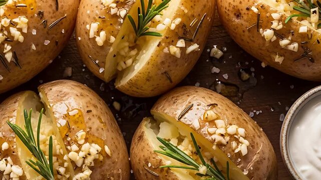 Delicious baked potatoes with garlic rosemary and a side of creamy sauce Simple yet elegant meal ready to be enjoyed