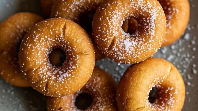 Golden donuts dusted with sugar a sweet treat presented on a rustic plate ready to be enjoyed Home baked goodness