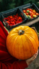 A person holds a large, ripe pumpkin, ready for harvest.