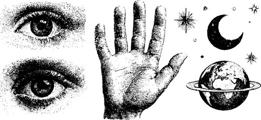 Celestial and anatomical elements: eye, moon, comet, star, and hand with planet for design
