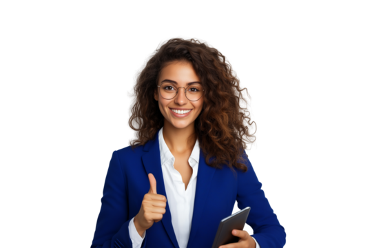 Young businesswoman wearing a suit with a tablet, thumbs up