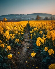 Obraz premium Vintage rapeseed field stretching to horizon with weathered texture