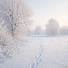 Obraz premium Quiet winter countryside near Bramsche coated in fresh snow with frosted trees pale blue sky and soft footprints leading through a peaceful frozen meadow