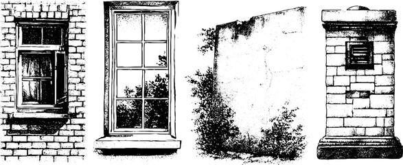 Vintage architectural elements featuring windows and concrete wall with reflection light design