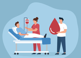 A man donates blood to a patient in a hospital bed, assisted by a nurse. This illustrates the life-saving act of blood donation and medical care