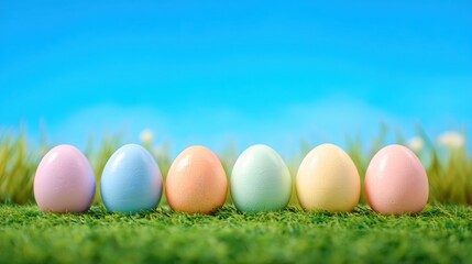 Colorful Easter Eggs Arranged in a Row on Green Grass Against a Bright Blue Sky
