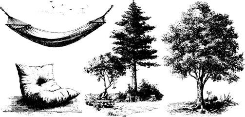 Fototapeta premium Nature relaxation scene with hammock, pillow, and trees for tranquil outdoor design