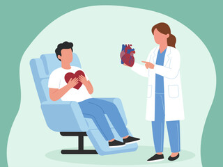 A cardiologist explains heart health to a patient using an anatomical model. This illustration represents medical consultation, cardiology, and patient care