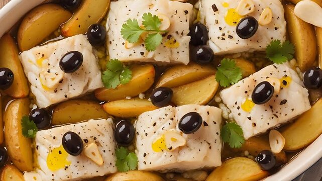 Baked cod with potatoes and olives in a ceramic dish featuring garlic and cilantro atop a wooden surface Delicious Mediterranean meal