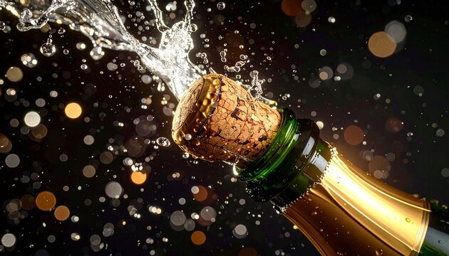Closeup of a champagne Prosecco bottle cork being popped, drink spray and droplets exploding, celebration background 