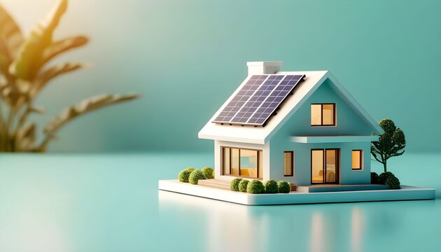Miniature house with solar panels on the roof, representing sustainable energy and eco-friendly living.