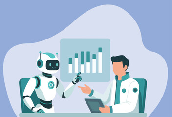 A friendly robot and a scientist collaborate, analyzing data charts. This flat vector illustrates the partnership between AI and humans in modern technology