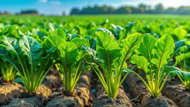 close-up of vibrant green sugar beet plants growing in a field, green plants, sugar beets