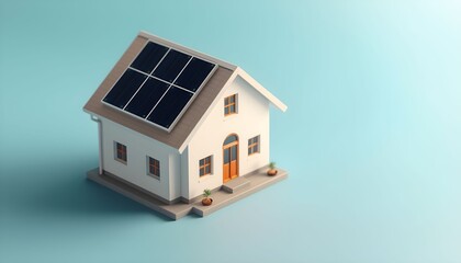 A detailed 3D rendering of a house with solar panels on the roof, set against a light blue background.